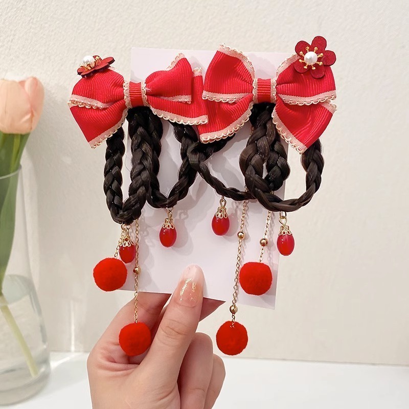 Set 2 Kẹp Tóc Đính Nơ Giả Phong Cách Trung Hoa Mừng Năm Mới Cho Bé Gái