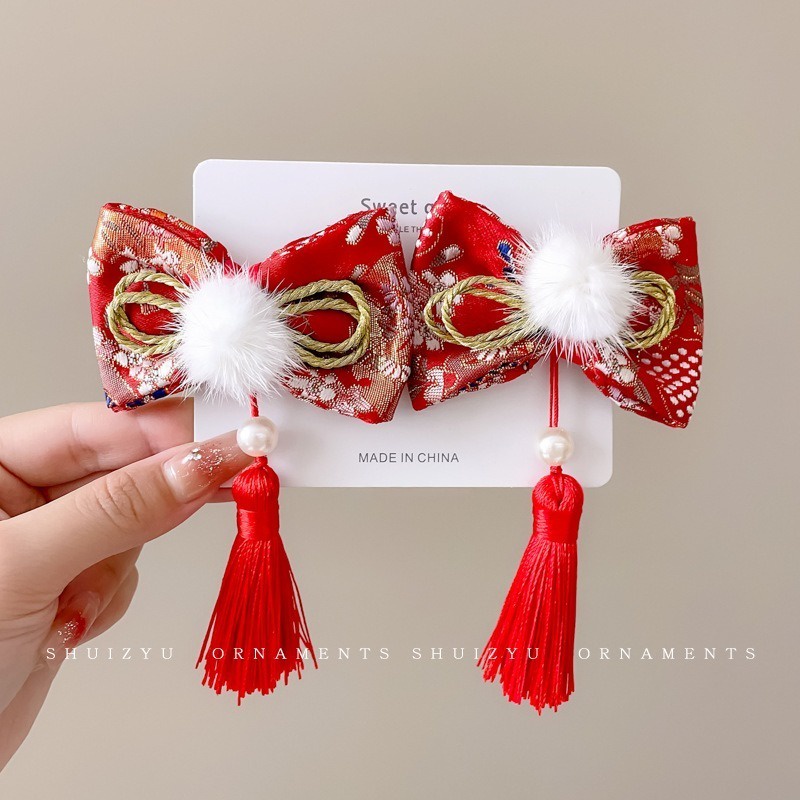 Set 2 Kẹp Tóc Đính Nơ Giả Phong Cách Trung Hoa Mừng Năm Mới Cho Bé Gái