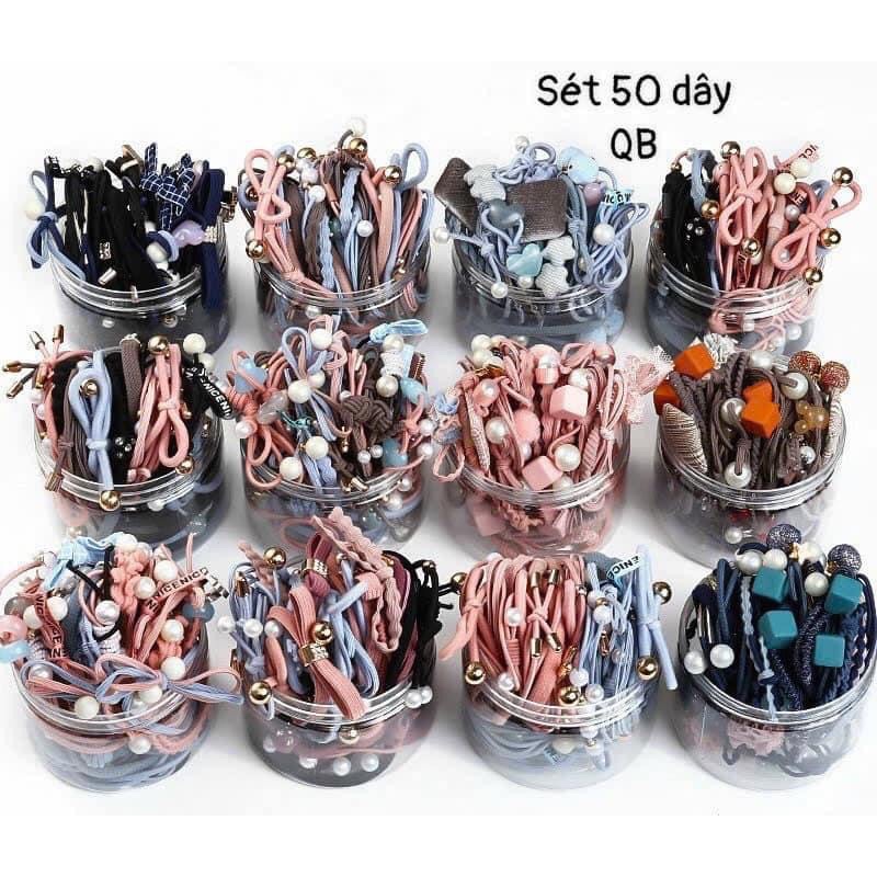 SET 50 DÂY CỘT TÓC TRỘN MÀU ĐÍNH ĐÁ 67k/ hộp 50 dây- Chun Buộc tóc- Set  50 búi tóc trộn mà