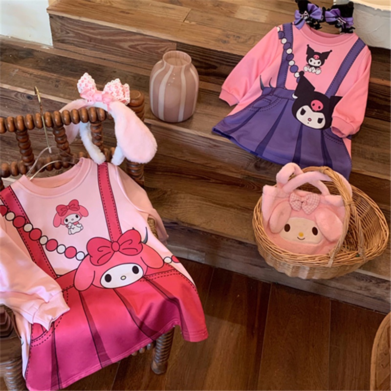 Đầm Len Giả Hai Mảnh Tay Dài In Hoạt Hình Phong Cách Xuân Thu Cho Bé Gái 90-140cm