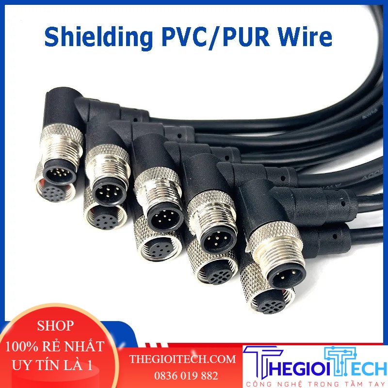 Dây Cảm Biến Jack connector cắm M12, Cáp 4 Lõi, Đầu Đực 90 độ, chống thấm nước, kiểu đầu nối vuông góc - 8 mét