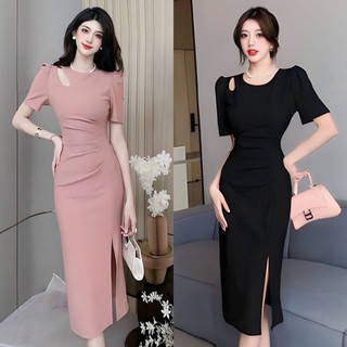 Đầm body nhún eo khoét vai cao cấp đen & hồng dự tiệc dạo phố chụp ảnh by4627