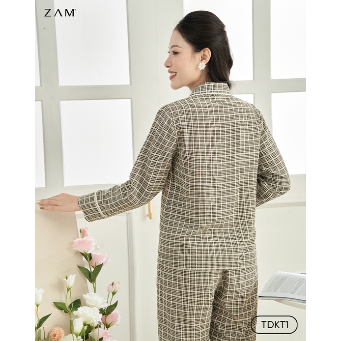 BỘ NGỦ SHE BY ZAM - TDKT1 - BỘ DÀI TAY KẺ THÔ COTTON PHỐI REN