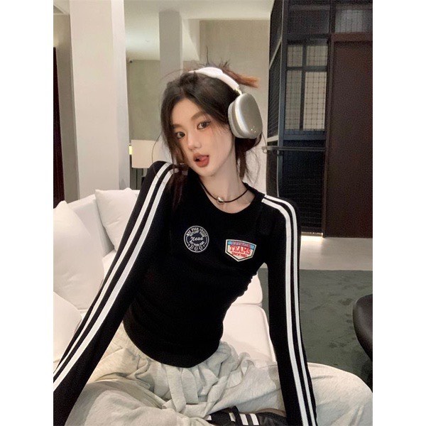 Áo thun nữ kiểu tay dài sọc phối thể thao năng động cá tính chất vải thun gân len Free Size