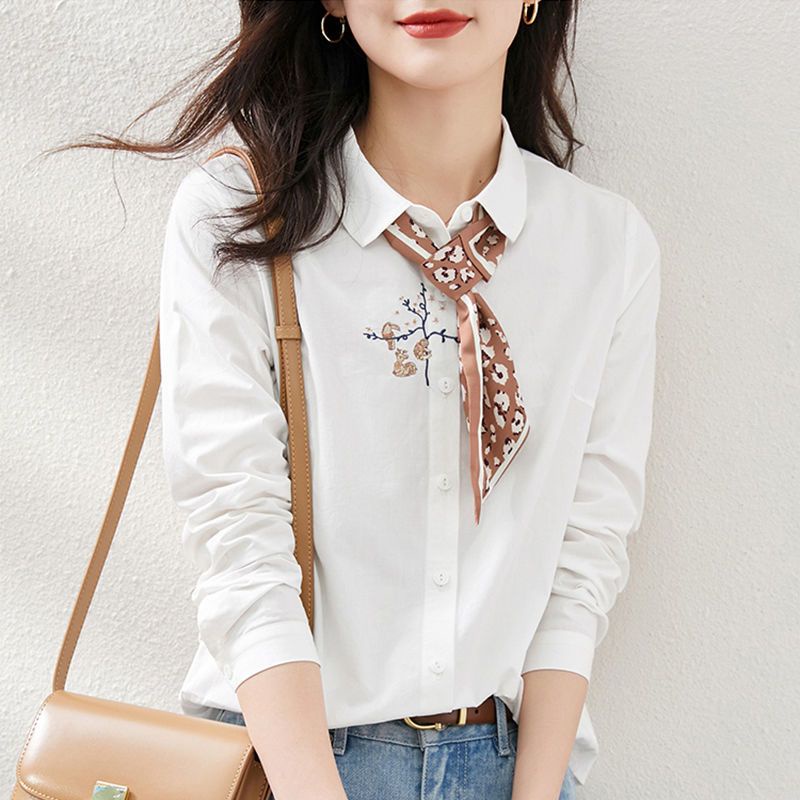 Áo Sơ Mi cotton Dài Tay Thêu Họa Tiết Thời Trang Xuân Thu Mới Cho Nữ