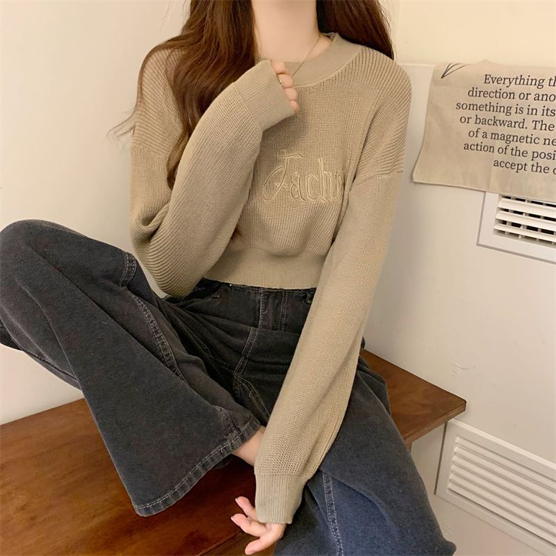 Áo sweater Tay Dài Cổ Tròn Eo Cao Thêu Chữ Thời Trang Xuân Thu Cho Nữ