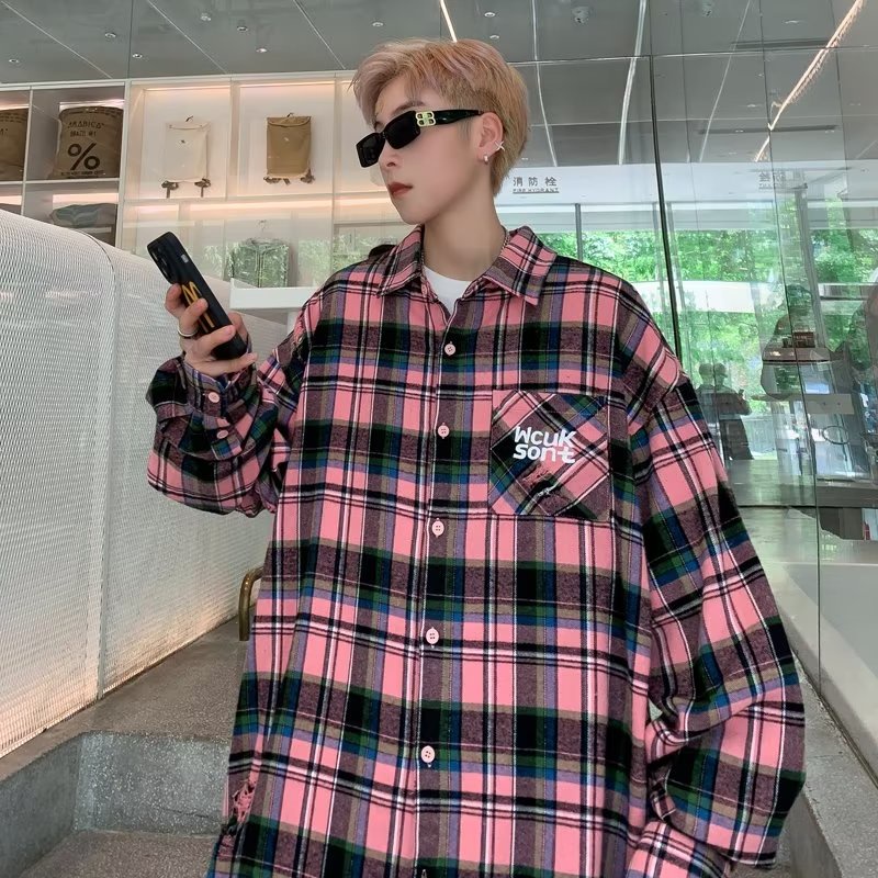 Áo Sơ Mi Caro Form Rộng Thời Trang Cho Nam Áo Sơ Mi Kẻ Sọc Nam Áo Sơ Mi Nam Dài Tay Áo Phối Túi Ngực Thời Trang Phong Cách Cặp Đôi