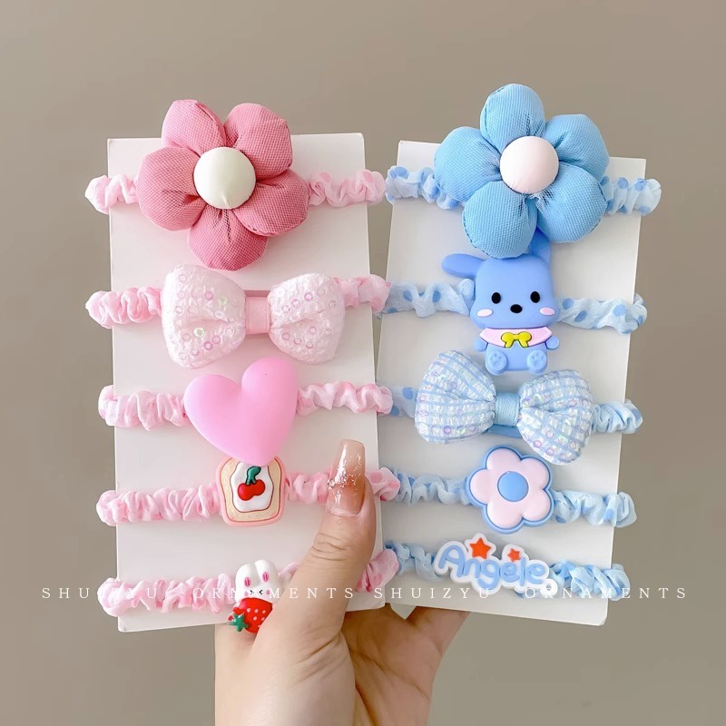 Set 5 Dây Buộc Tóc Cao Su Co Giãn Đính Nơ Kiểu Hàn Quốc Dễ Thương Không Đau Cho Bé Gái