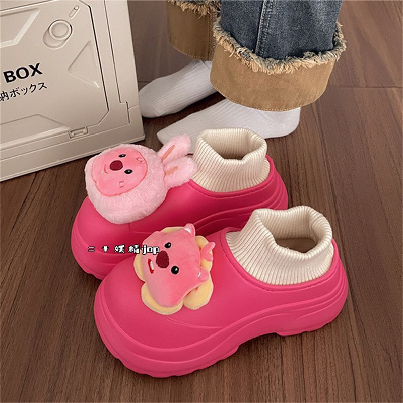 Dép Bông Bông Đi Trong Nhà Đế Dày Ấm Áp Màu Đỏ Đào Trắng Đen