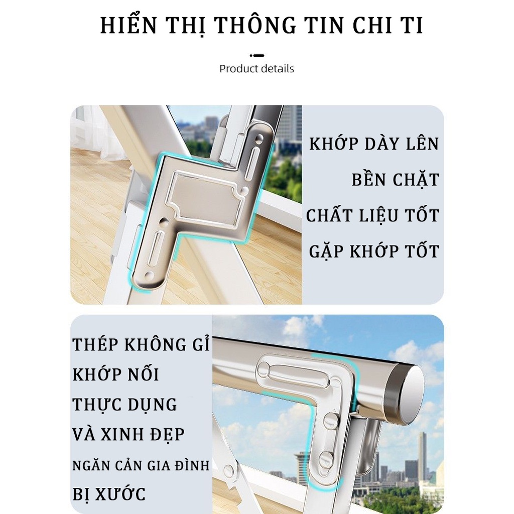 Giá phơi quần áo inox có thể gập lại được và có bánh xe di chuyển dễ dàng. Đặc biệt được trang bị 20 móc bay