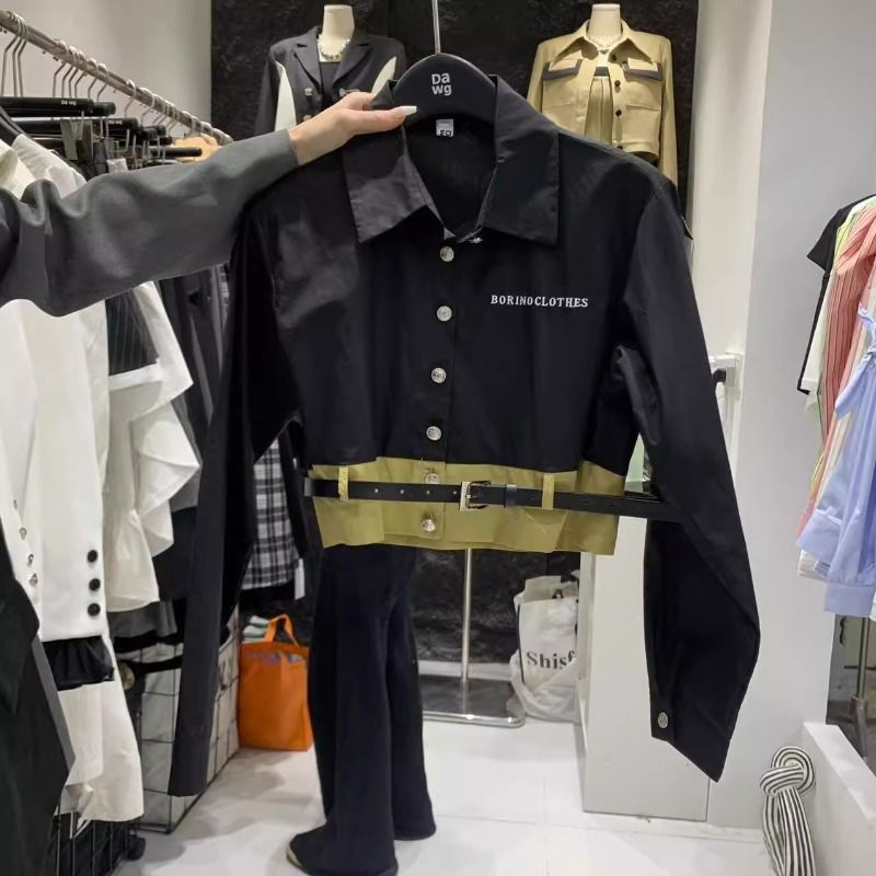 Áo Sơ Mi Ngắn Cắt Eo Thêu Chữ Khối Màu Thời Trang Mới 2023 Dành Cho Bạn Nữ