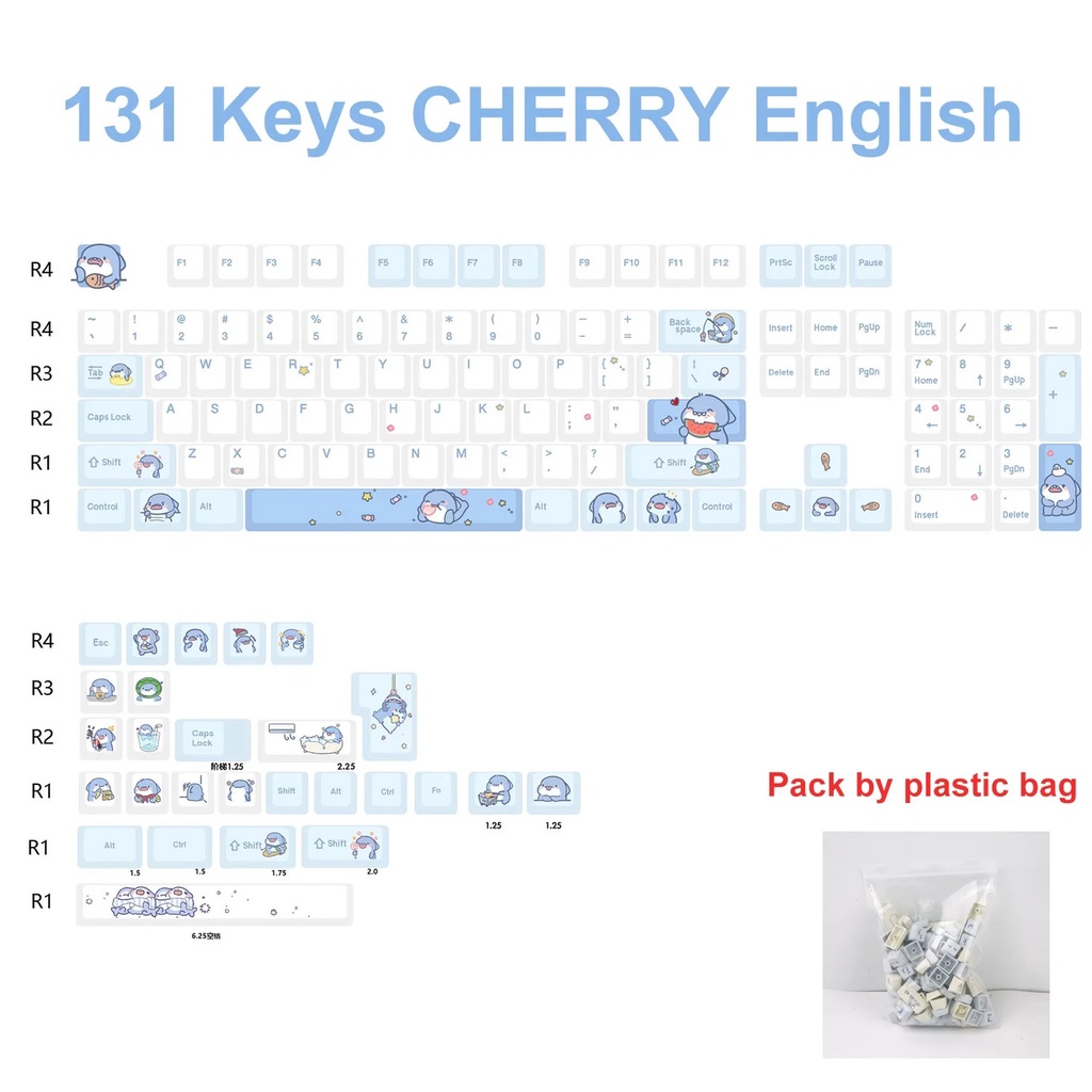 Bàn Phím Cơ oem 131 Phím Hình Cá Mập Màu Xanh Dương Sữa Dễ Thương