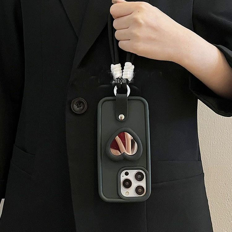 Ôp Điện Thoại Silicon Dẻo Màu Đen Kèm Gương & Dây Đeo & Dây Đeo Cho iphone 15 14 11 12 13 pro max x xr xsmax 7 8 plus Ốp