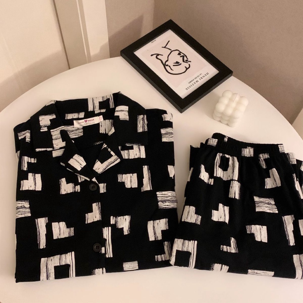 YAMI Bộ Đồ Ngủ Tay Dài In Họa Tiết Hình Vuông Đơn Giản Thời Trang Xuân Thu Dành Cho Nữ