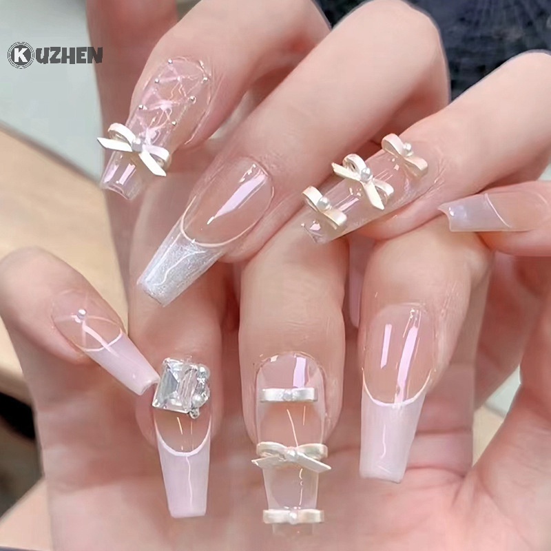 Kuzhen Set 10 Phụ Kiện Trang Trí Móng Tay Nghệ Thuật Bằng Hợp Kim Hình Nơ Thắt Nơ Màu Hồng Đen Trắng Đính Đá diy