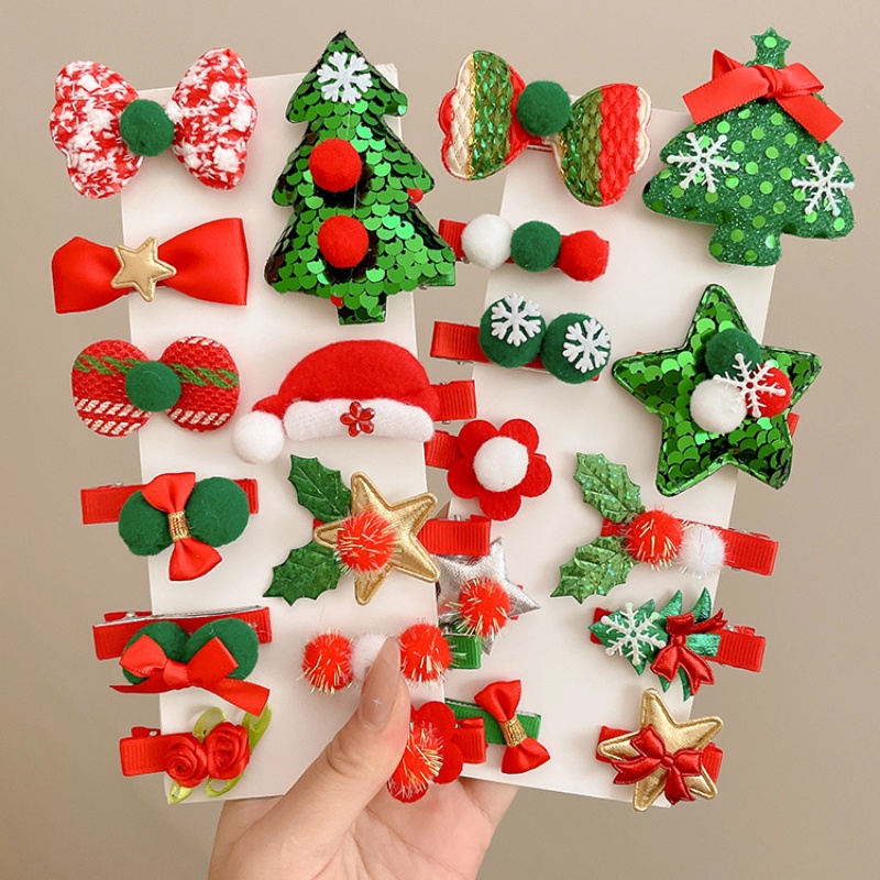Set 10 Kẹp Tóc Đính Kim Sa Màu Đỏ / Xanh Lá / Đỏ Phong Cách Giáng Sinh Cho Bé Gái