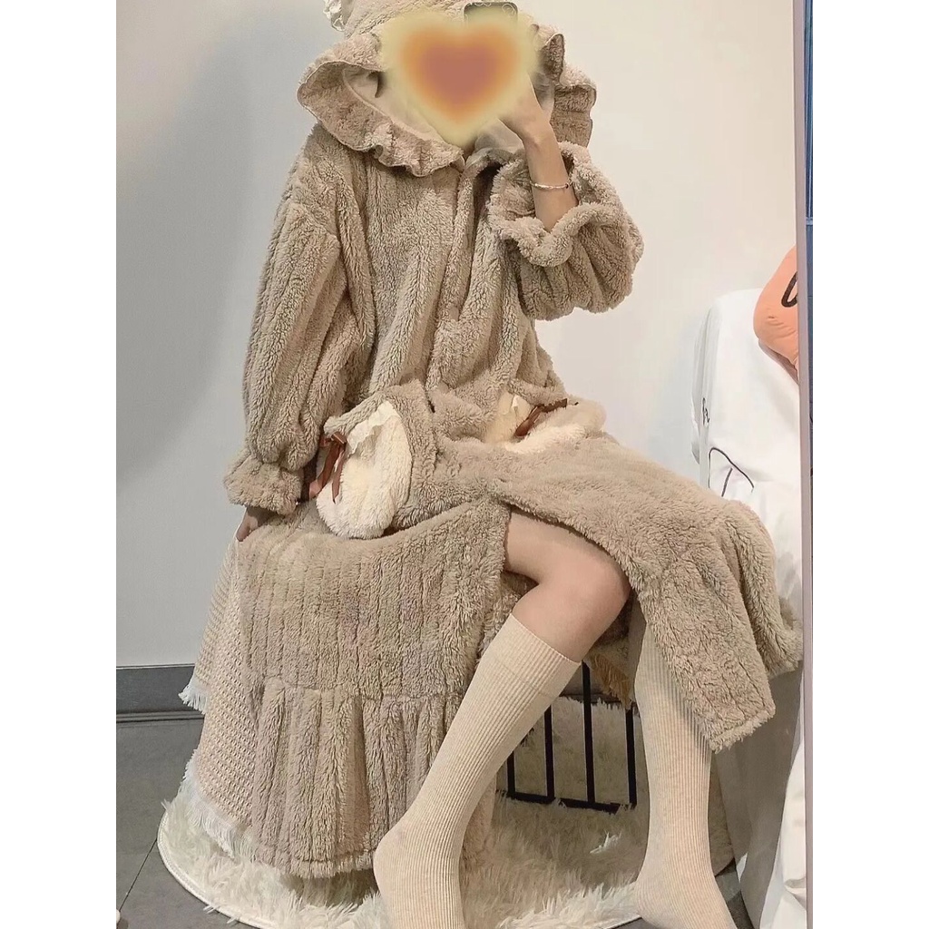 Đầm Ngủ Lông Cừu San Hô Dày Dặn Dáng Dài Thời Trang Thu Đông Cho Nữ