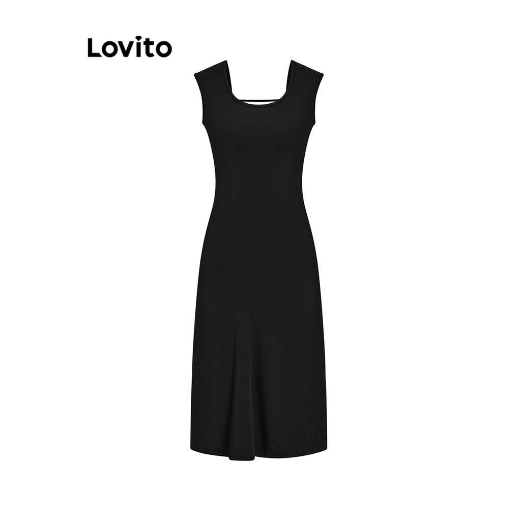 Đầm Lovito xẻ phía sau hở lưng màu trơn thường ngày cho nữ L68ED173