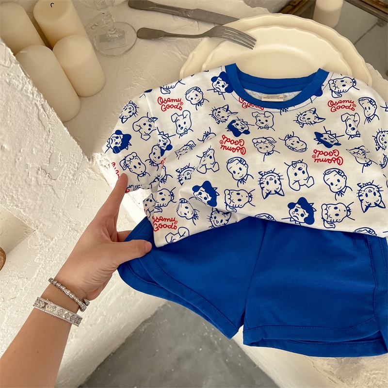Bộ Áo Thun Ngắn Tay In Hoạt Hình + Quần short Thời Trang Mùa Hè Hàn Quốc Cho Bé