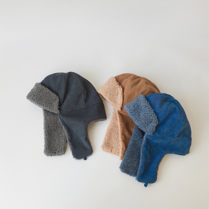 Mũ Phi Công Vải Nhung Lông Xù Màu Trơn Bảo Vệ Tai Chống Gió Mùa Đông Hàn Quốc Cho Trẻ Em