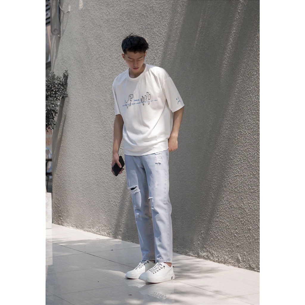 Quần jeans nam nữ rách dáng baggy suông màu xanh trắng nhạt mài rách xước gối đùi đẹp Pon.mens