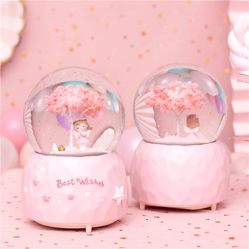 Cô gái hoa anh đào lãng mạn bóng pha lê, hộp tuyết tuyệt vời, gửi quà cho cô gái, đồ trang trí nhựa