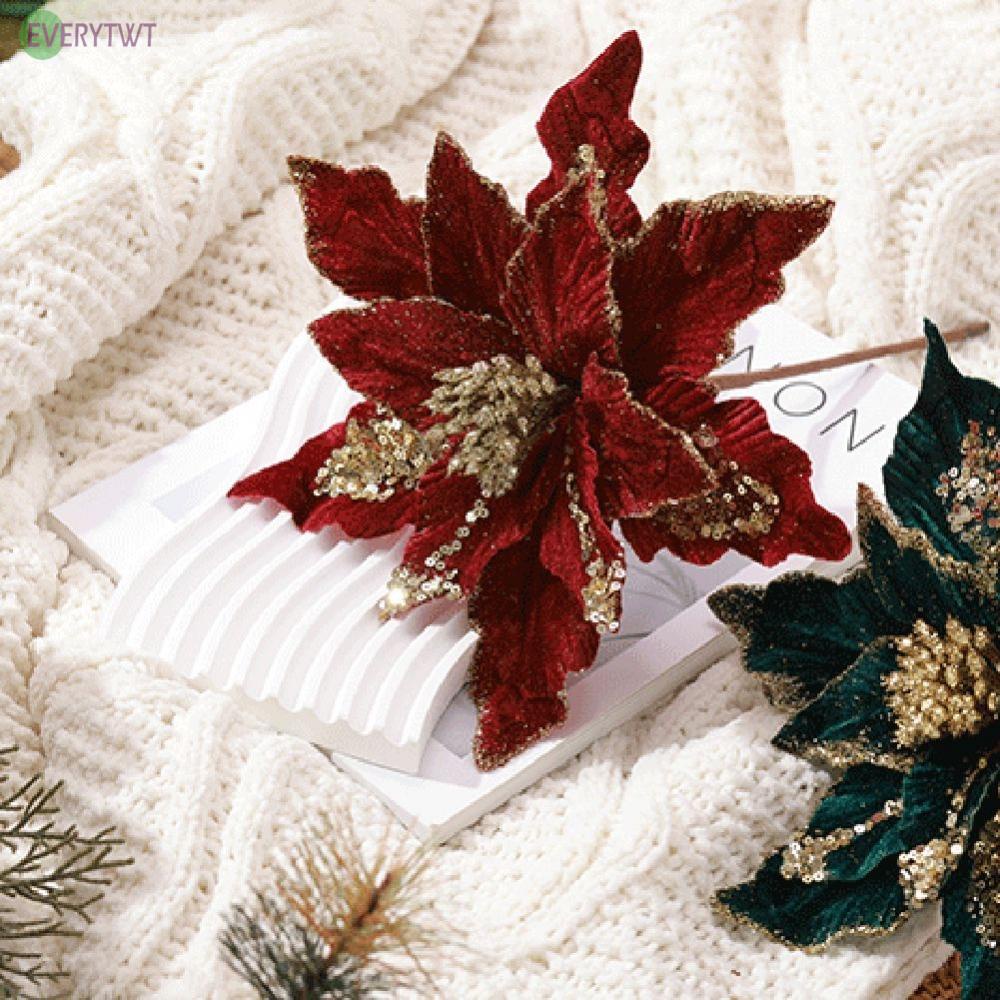 ⭐NEW ⭐28cm Christmas Poinsettia Glitter Flower Hanging Xmas Party Tree Decoration