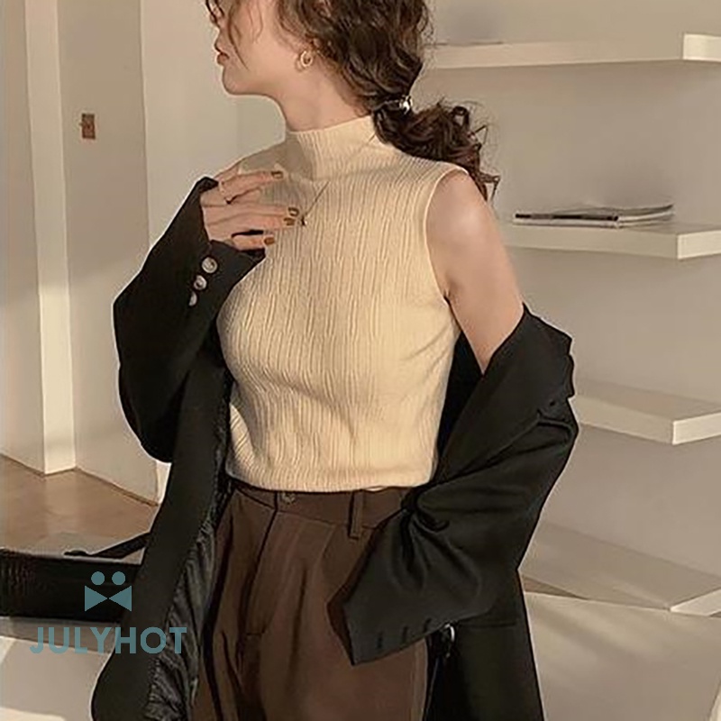 Áo Dệt Kim Sát Nách Cổ Lọ Màu Trơn Thời Trang Mùa Hè Cho Nữ