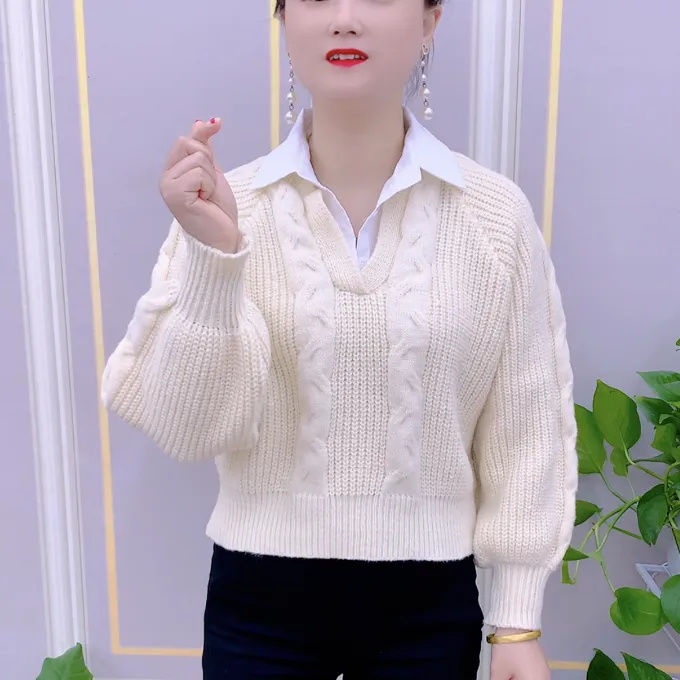 K Áo sweater Dệt Kim Giả Hai Lớp Cổ polo Mùa Thu Đông Bán Chạy Phong Cách Thời Trang Dành Cho Phụ Nữ Trung Niên