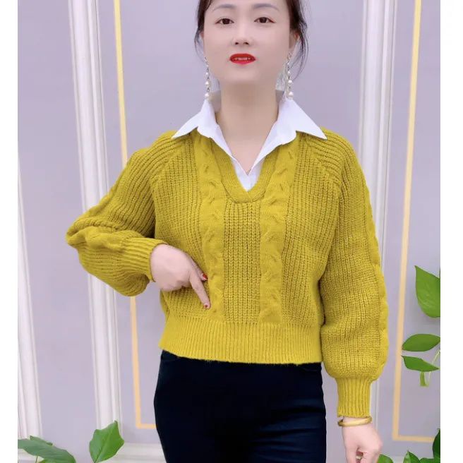 K Áo sweater Dệt Kim Giả Hai Lớp Cổ polo Mùa Thu Đông Bán Chạy Phong Cách Thời Trang Dành Cho Phụ Nữ Trung Niên