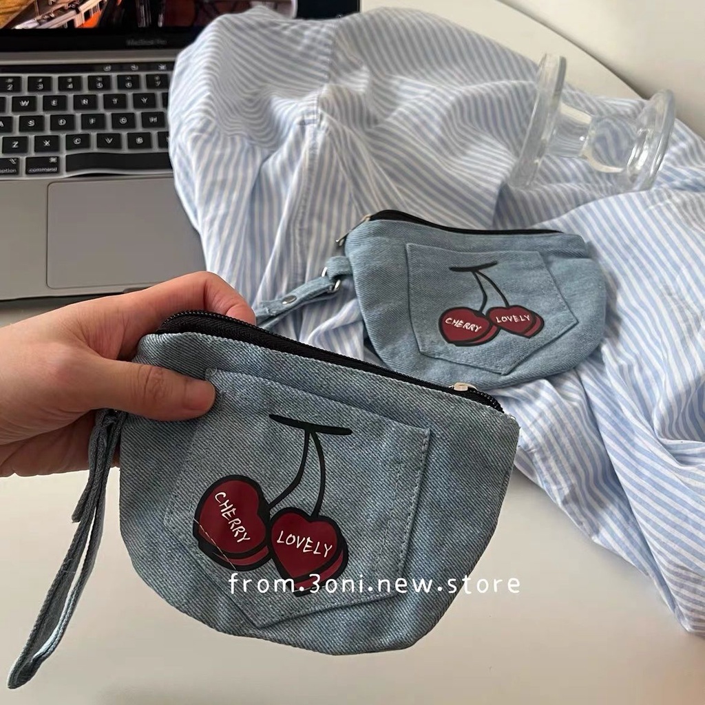 Ví Vải denim Đựng Tiền Xu Màu Xanh cherry Xinh Xắn
