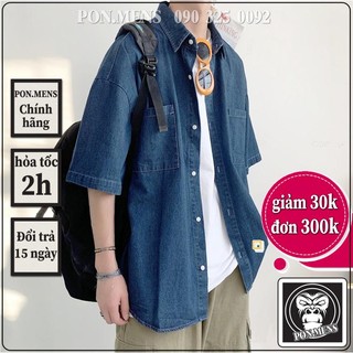 Áo sơ mi jean nam form rộng tay lỡ màu xanh đậm phong cách Hàn Quốc pon.mens