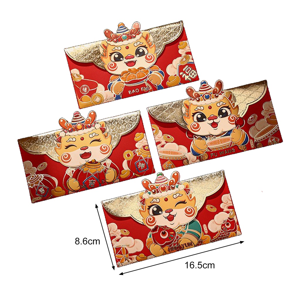 Set 4 Bao Lì Xì Đỏ Họa Tiết Rồng Hoạt Hình Dành Cho Lễ Hội Năm Mới 2024