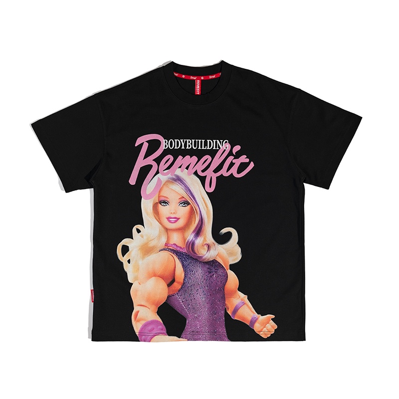 R remefit Áo Thun Thể Thao cotton Tay Ngắn Dáng Rộng In Chữ barbie Màu Trơn Thời Trang Cho Nam Và Nữ