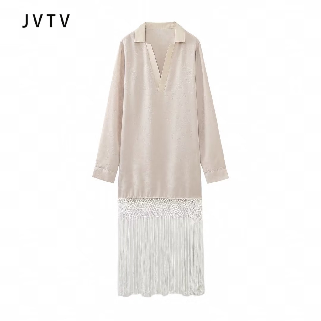 JVTV Đầm Tay Dài Cổ Bẻ Phối Ren Tua Rua Thêu Họa Tiết Xinh Xắn 232