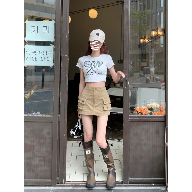 Chân Váy Kaki Chữ a Lưng Cao Có Túi Phong Cách retro Mỹ Cho Nữ