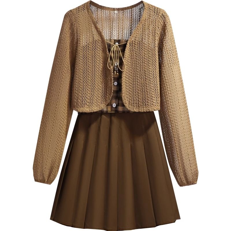 Set Áo Váy Xếp Ly Và Áo Khoác cardigan Thời Trang Mùa Thu Hàng Mới 2023#1110#