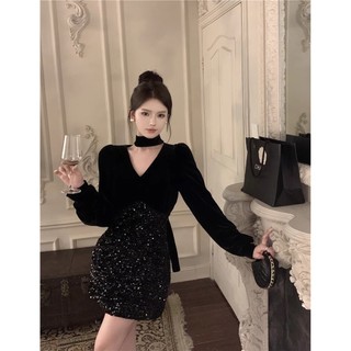 Đầm Nhung Tay Dài Cổ Chữ v Đính Kim Sa Lấp Lánh Phong Cách Pháp Thời Trang Mùa Thu Cho Nữ
