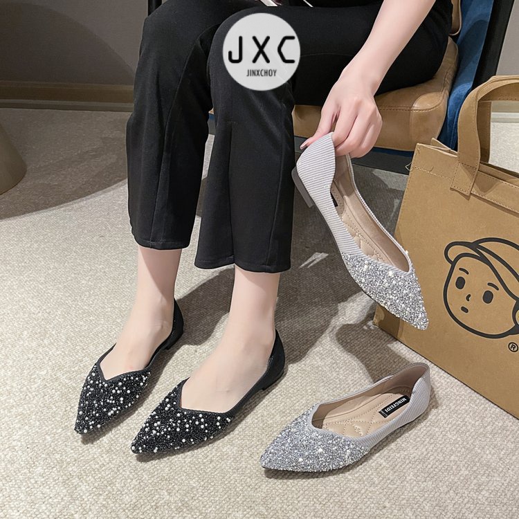 Mới Giày Lười Da pu Gót Thấp Mũi Nhọn Đính Sequin Lấp Lánh Thời Trang Cho Nữ