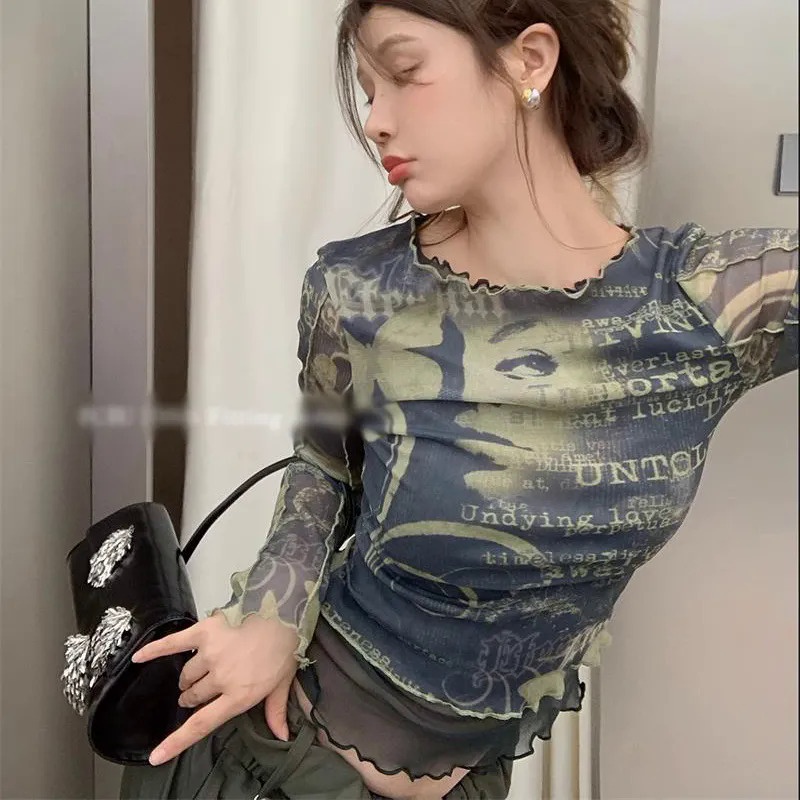 Milyfashion Áo Thun Tay Dài Dáng Ôm Vừa Vặn In Họa Tiết Graffiti Retro Mỹ Cho Nữ
