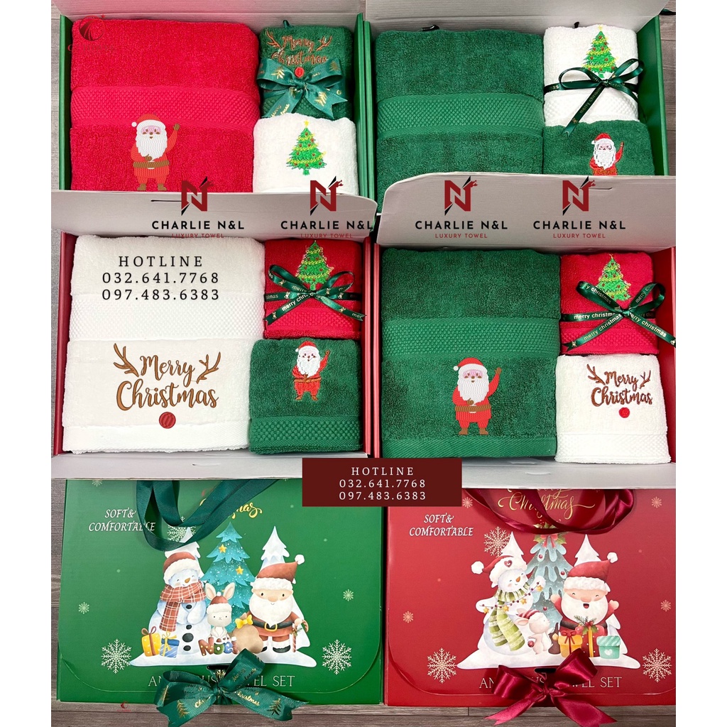 Bộ 3 khăn quà tặng CHARLIE-NO1 thêu hình Noel tinh xảo cực dễ thương.