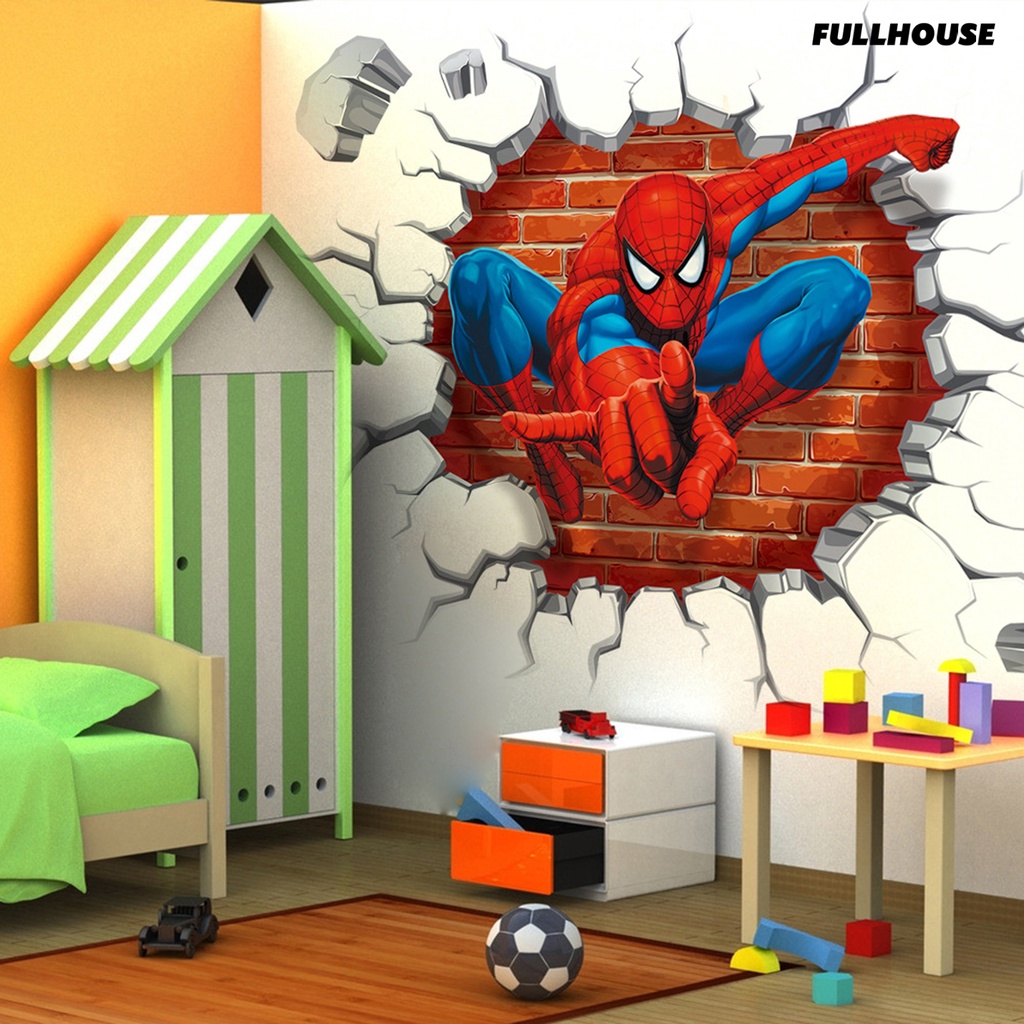 ☼Miếng Dán Tường Trang Trí Hình Người Nhện Hoạt Hình 3d Hiệu Ứng Cho Trẻ Em