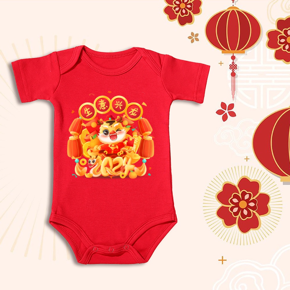 Áo Liền Quần Bằng cotton Tay Ngắn In Hình Rồng cny Năm Mới 2024 Dành Cho Bé Trai Gái