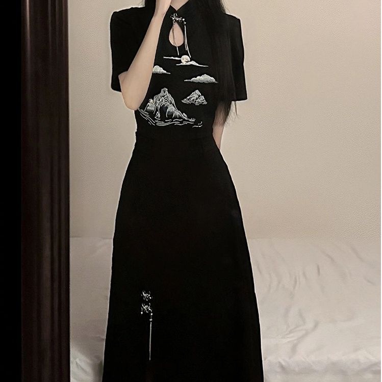 Mới set Áo Thun Ngắn Tay + Đầm Yếm Thêu Họa Tiết Phong Cách Trung Hoa Thời Trang Cho Nữ