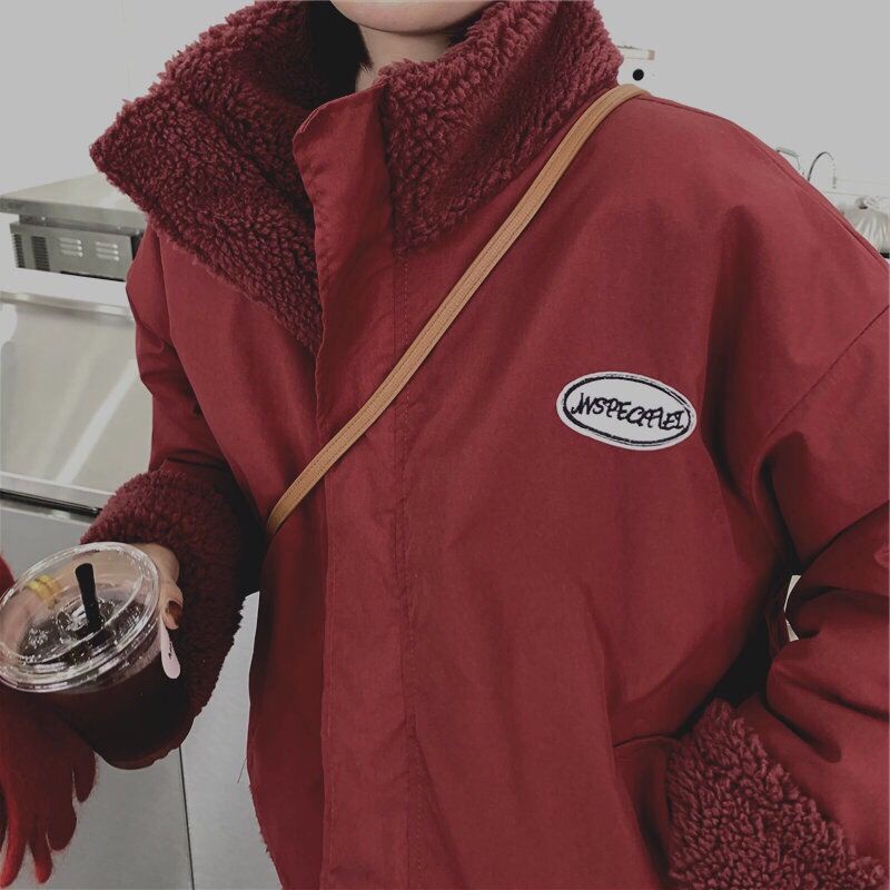 Áo Khoác cotton Giả Lông Cừu Dày Hai Mặt Dáng Rộng Phong Cách Hàn Quốc Thời Trang Mùa Đông 2024 Cho Nữ