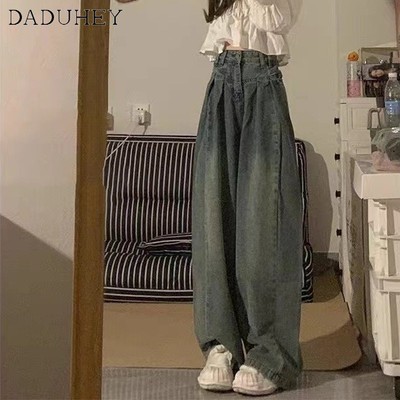 Quần jean DADUHEY lưng cao ống rộng phong cách đường phố Mỹ cổ điển cao cấp plus size