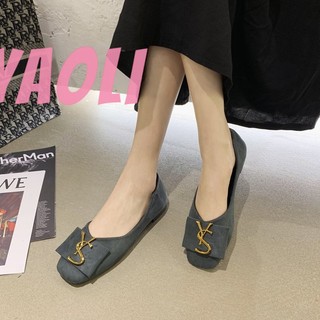 Yaoli Giày Búp Bê Da Lộn Mũi Vuông In Chữ Phong Cách Hàn Quốc Thời Trang Cho Nữ