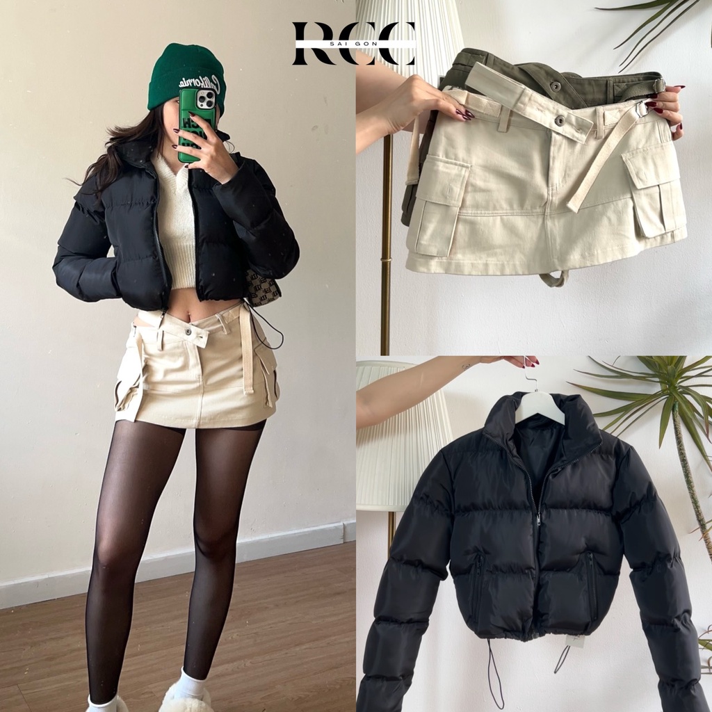 ÁO phao croptop tay dài ĐEN trơn - CHÂN VÁY kaki lưng chéo KEM/RÊU