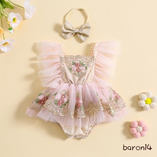 Trang phục bé gái sơ sinh Thêu hoa bay tay áo liền quần có nơ Quần áo mùa hè