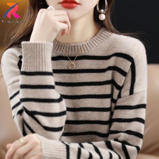 Ruidiandiandian Sọc Áo Len Nữ Plus Size 4XL Autum Và Mùa Đông Mới Rời Cổ Tròn Chui Đầu Thời Trang Hàn Quốc Áo Sơ Mi Dệt Kim Tay Dài Cho Nữ